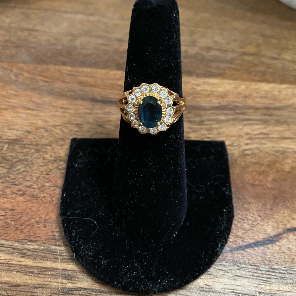 14k Yellow Gold Plated Blue & Clear Stone Flower Ring - Picture 5 of 15